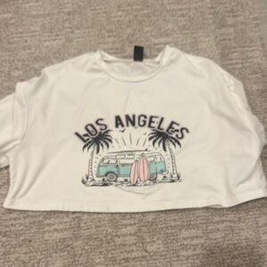 Los Angeles Graphic Crop Top - White with Aqua & Pink Details